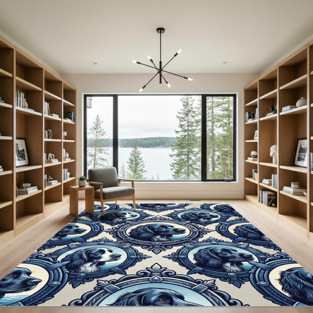 Ornate Blue Framed Cavalier Spaniel Portraits Rug