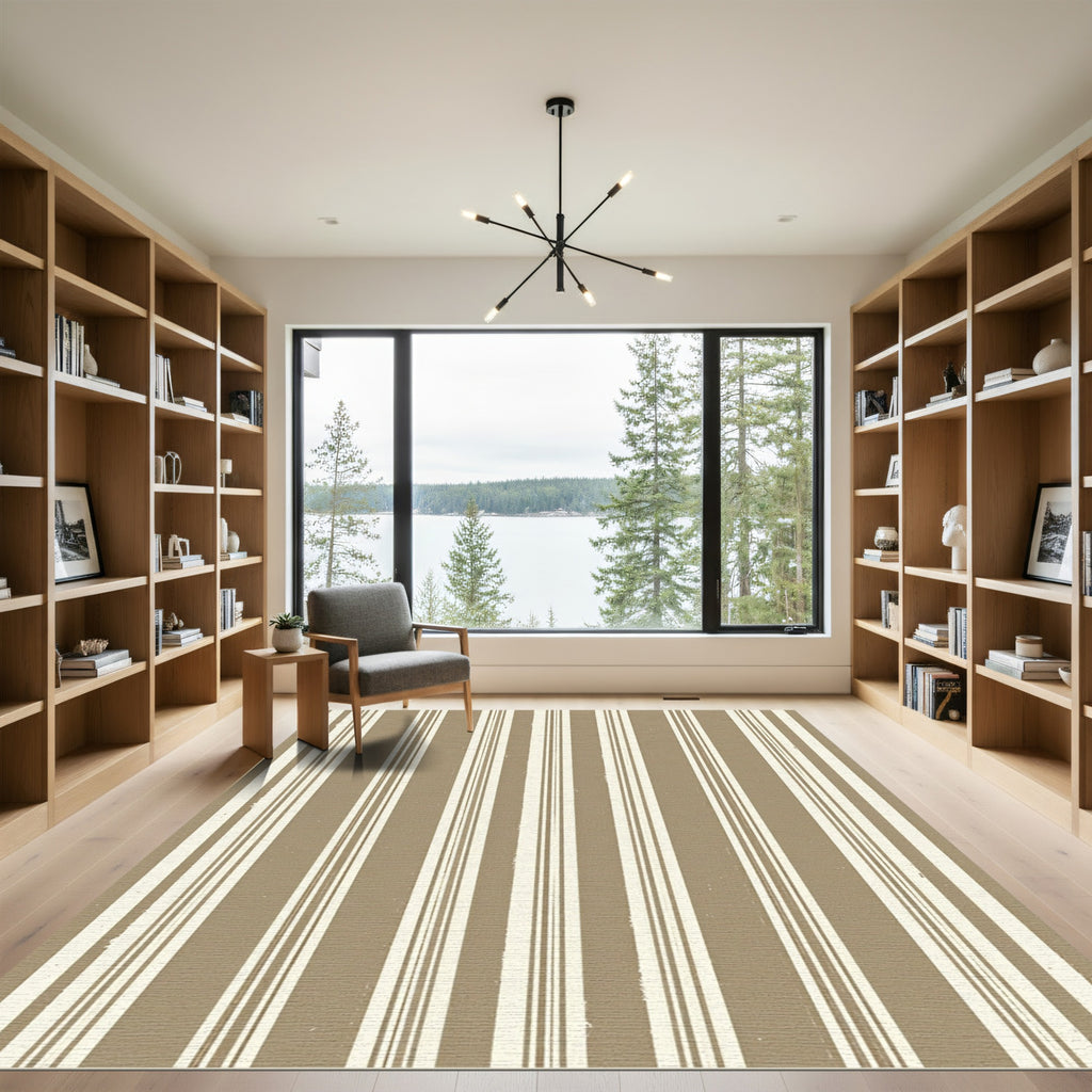 Earthy Taupe and Cream Linear Stripe Rug