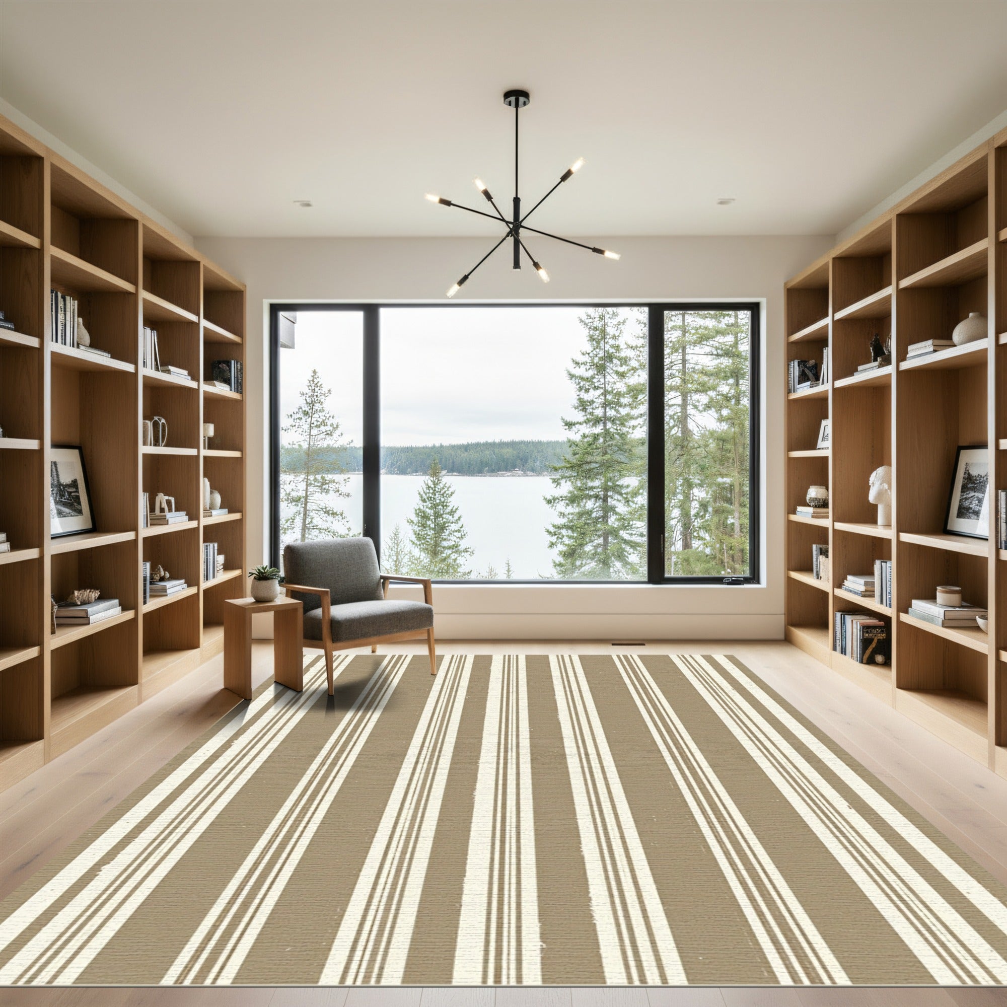 Earthy Taupe and Cream Linear Stripe Rug