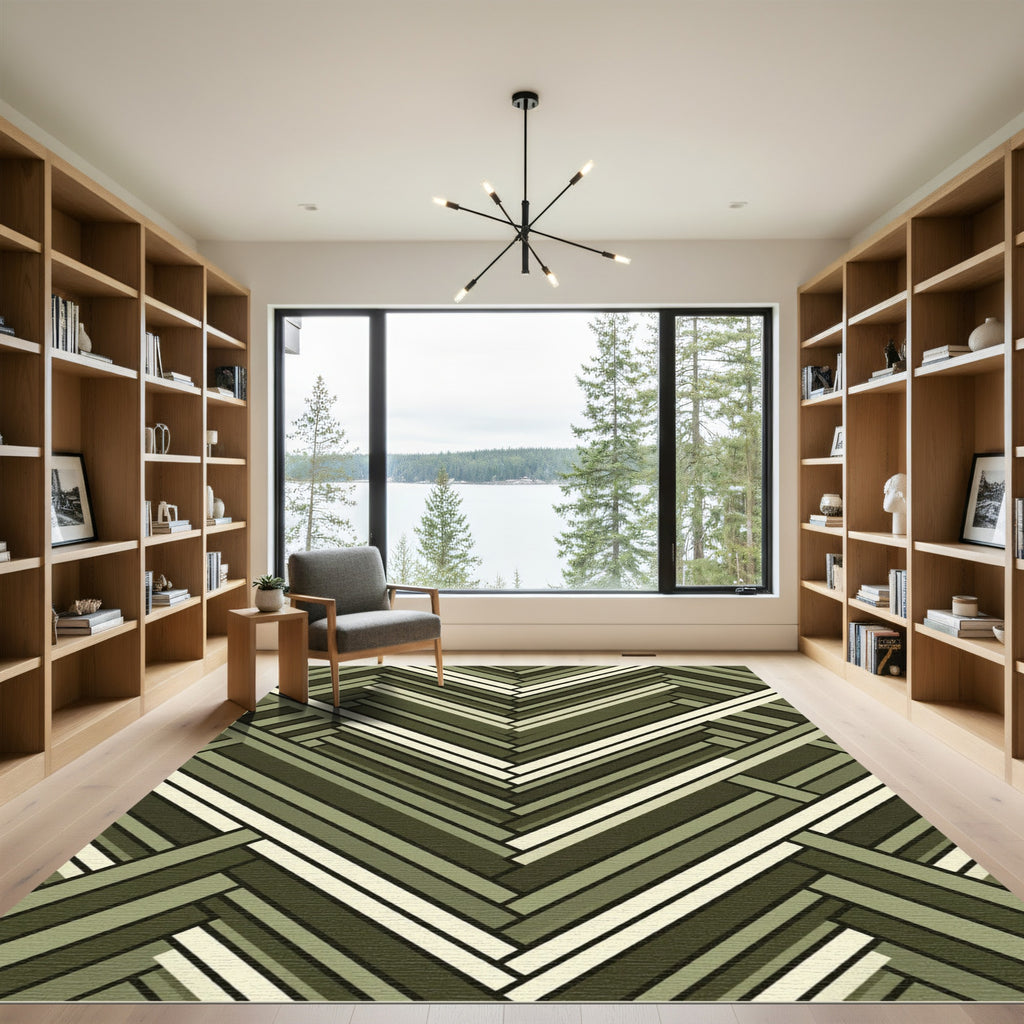 Olive Green Herringbone Geometric Weave Rug