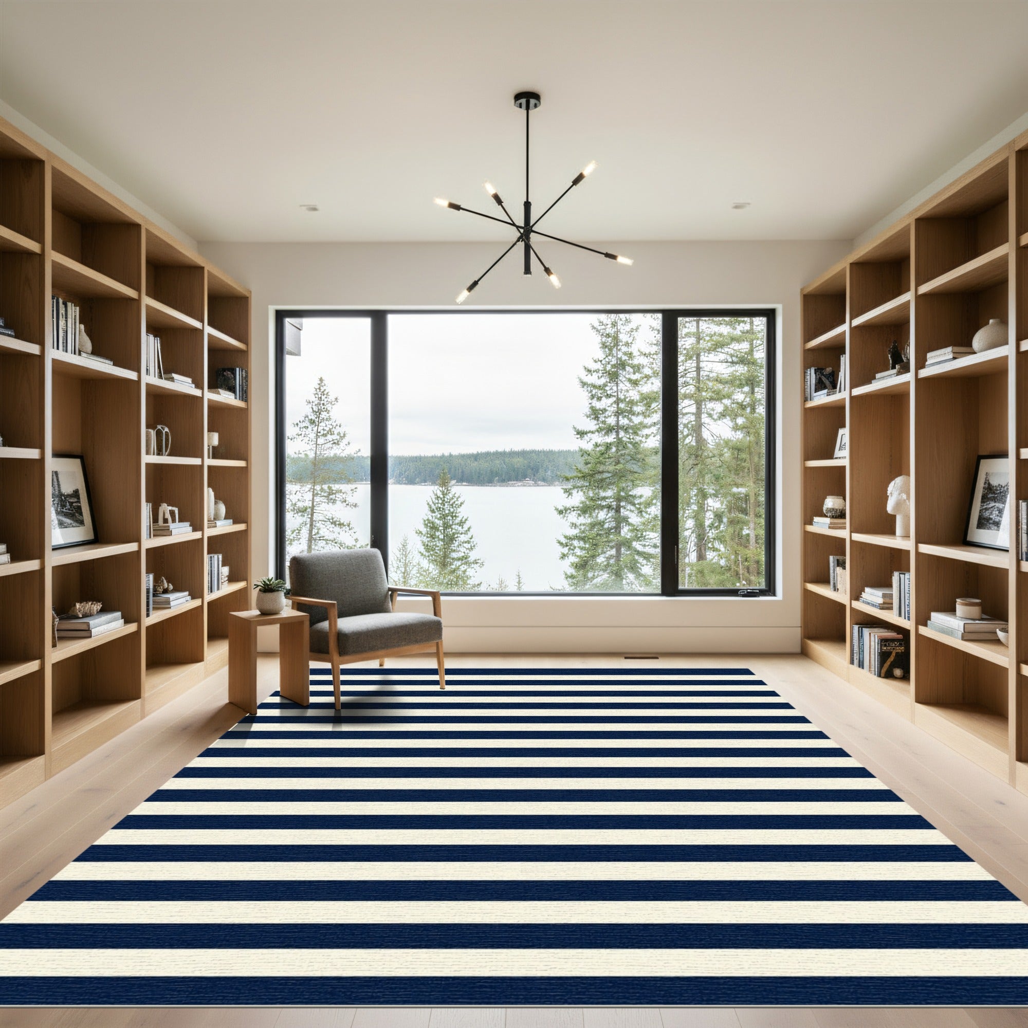 Classic Navy Blue and Cream Striped Rug