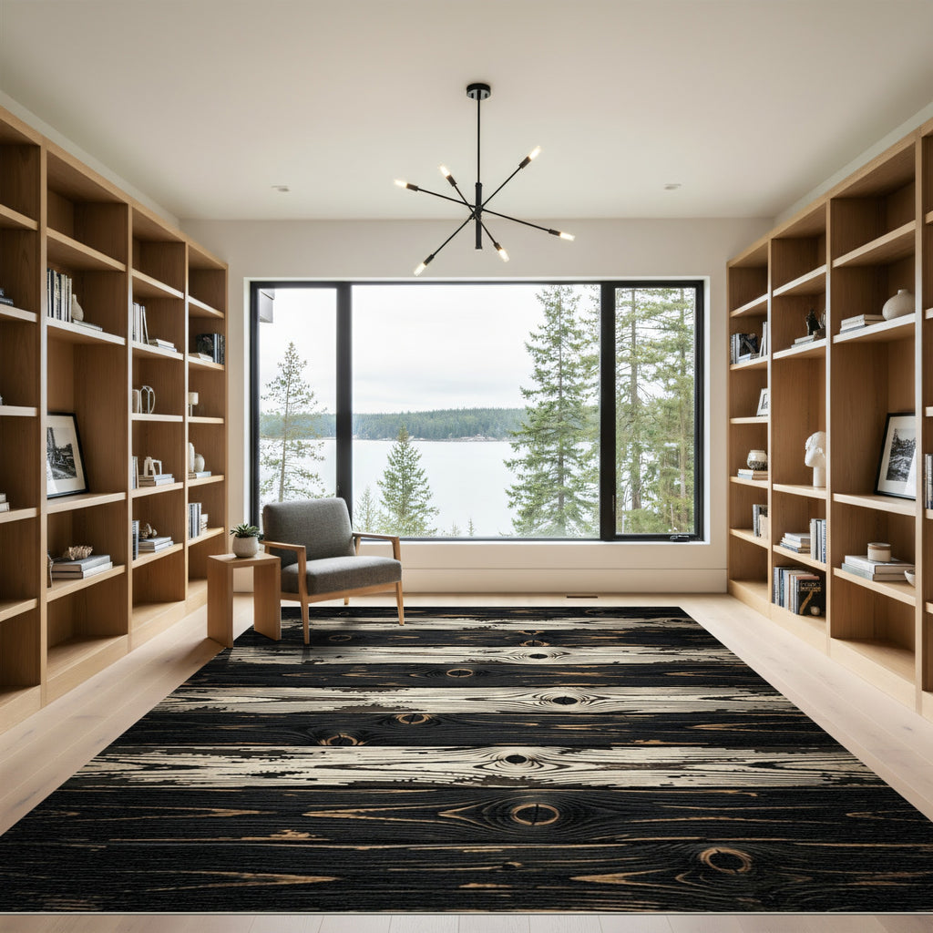 Distressed Black White Wood Grain Rug
