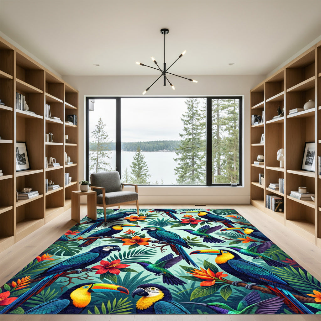 Vibrant Tropical Toucan Parrot Jungle Foliage Rug