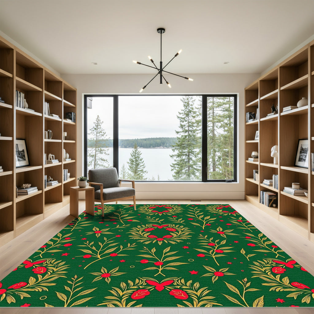 Emerald Green Red Floral Wreath Design Rug