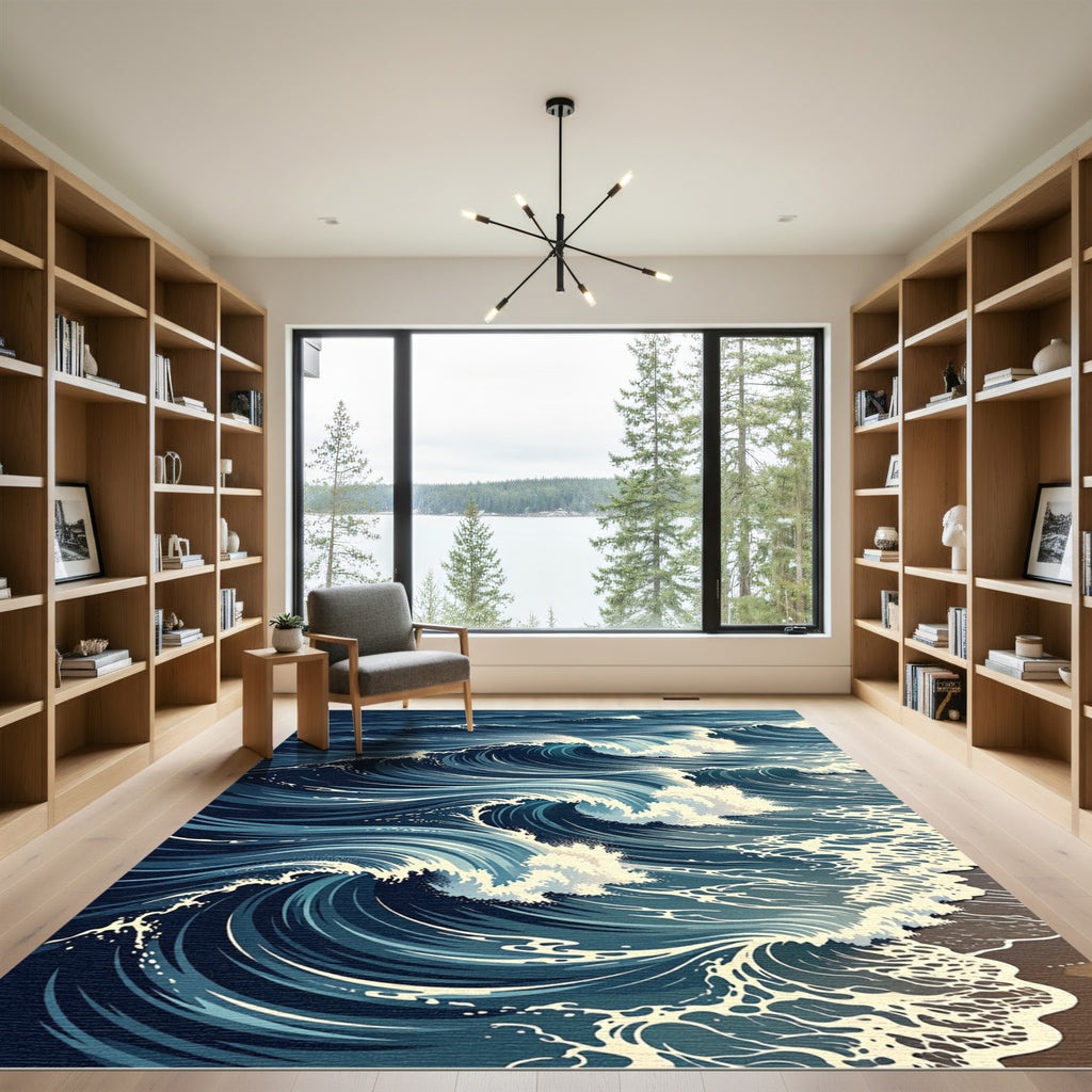 Deep Blue Oceanic Rolling Wave Art Rug