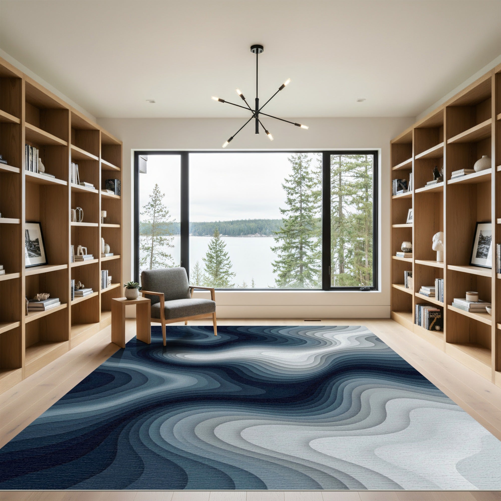 Deep Blue Layered Wave Abstract Rug