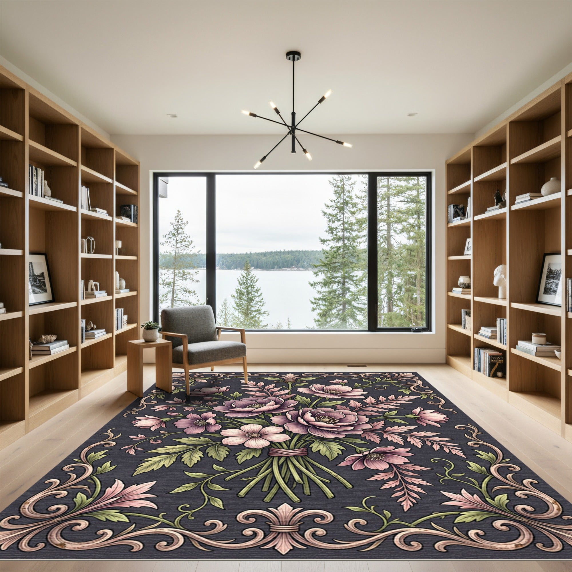 Elegant Floral Bouquet With Ornate Scrollwork Rug