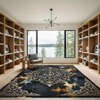 Ornate Gold Calligraphy Dark Floral Medallion Rug