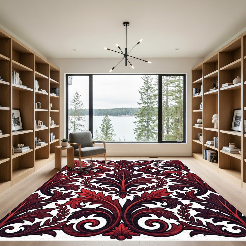 Crimson Red Scrolling Acanthus Leaf Rug