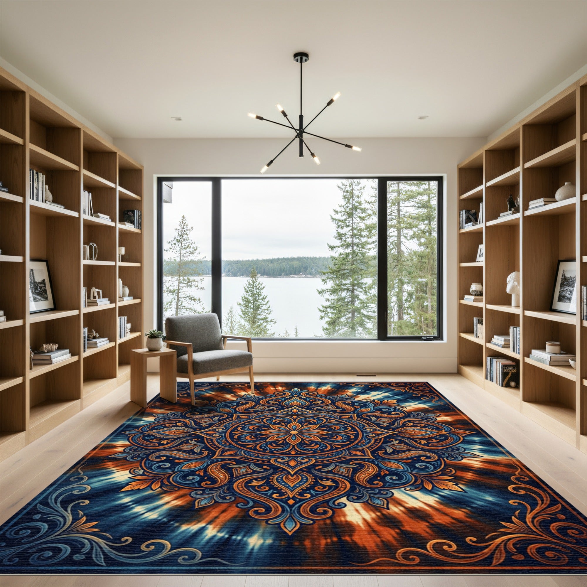 Orange Blue Tie Dye Mandala Floral Rug
