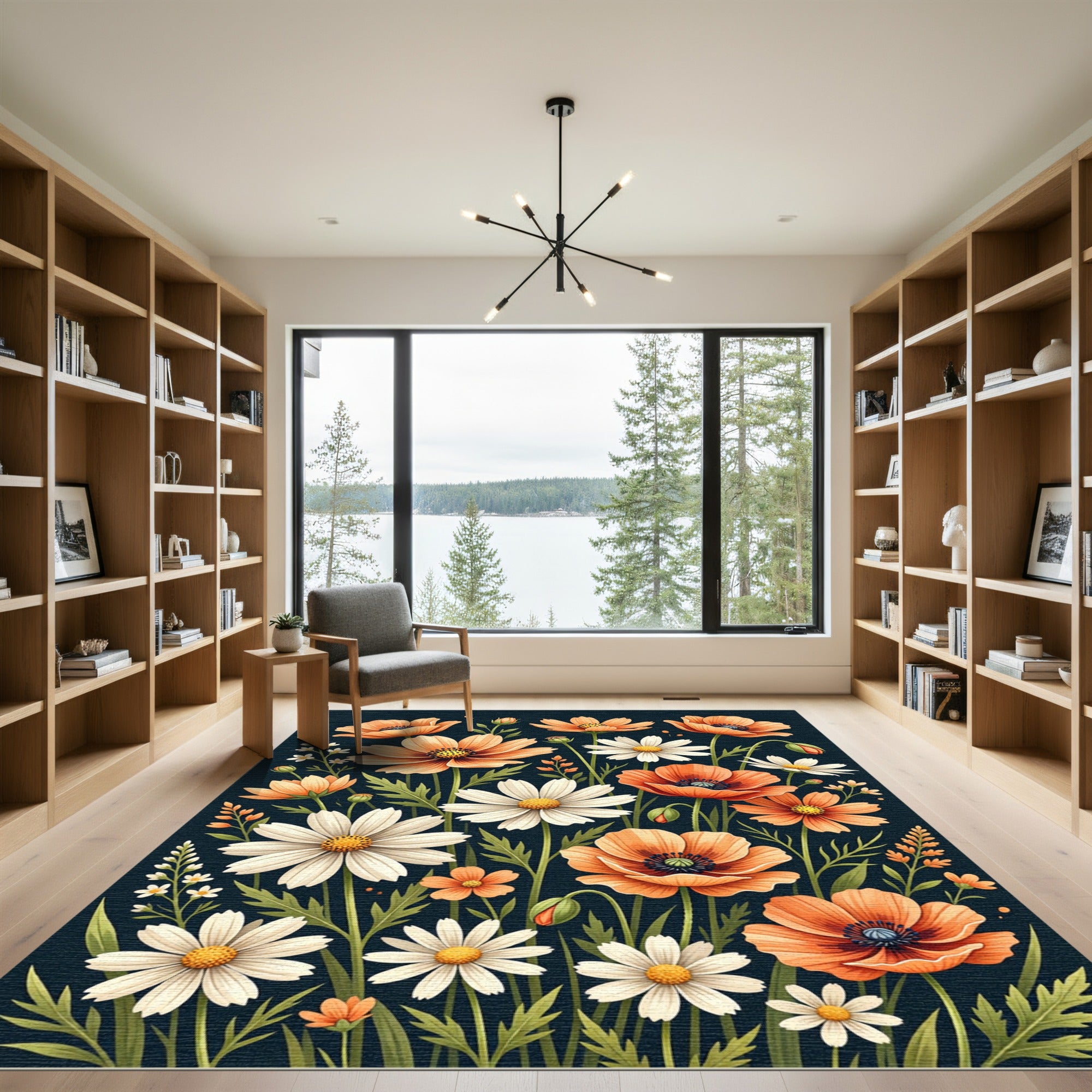 Orange and White Floral Meadow Rug