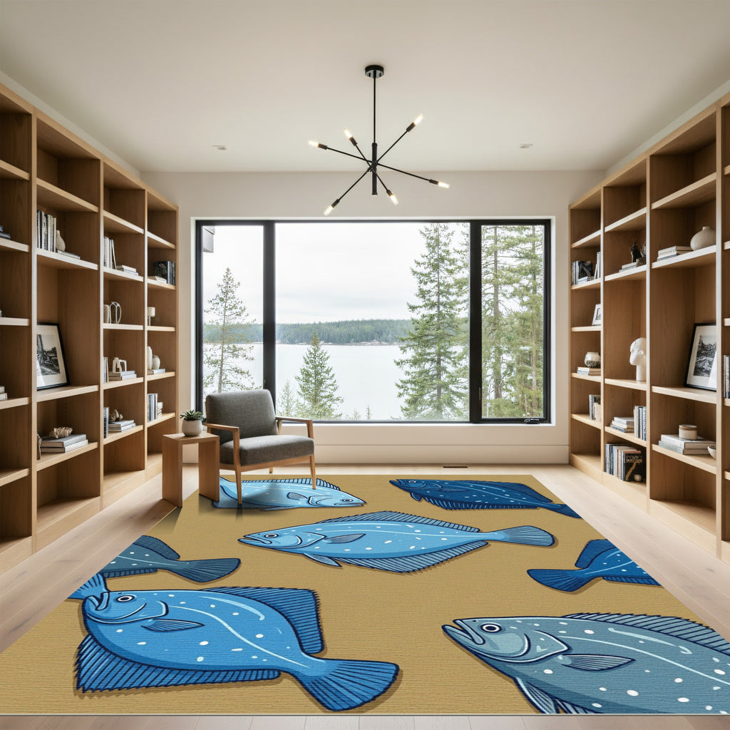 Blue Flatfish School Aquatic Illustration Rug