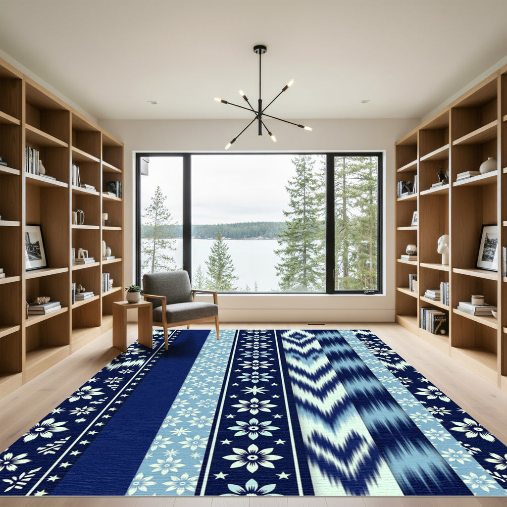 Striped Navy Blue Floral Starburst Rug