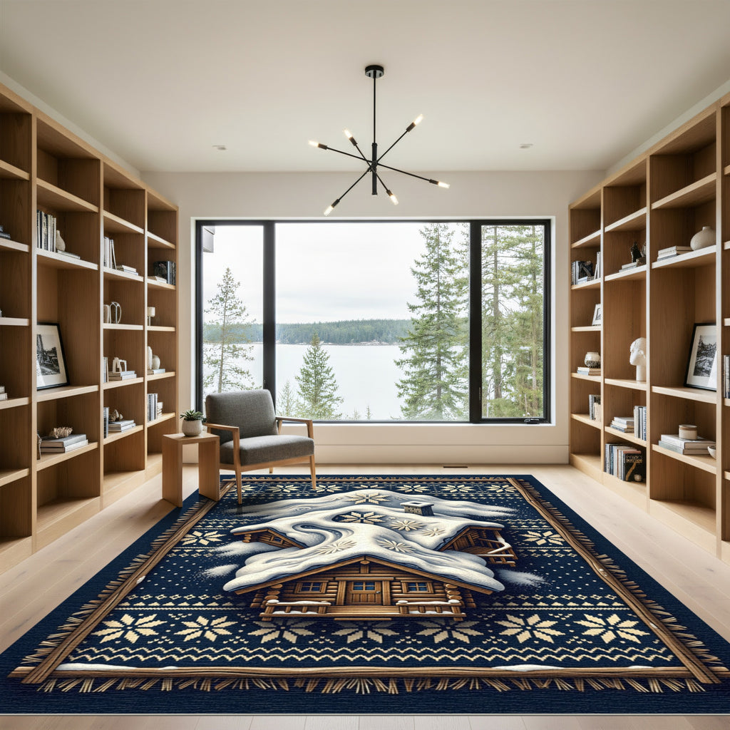 Midnight Navy Snowy Cabin Winter Nordic Rug