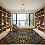 Gold Blue Ethnic Geometric Diamonds Rug
