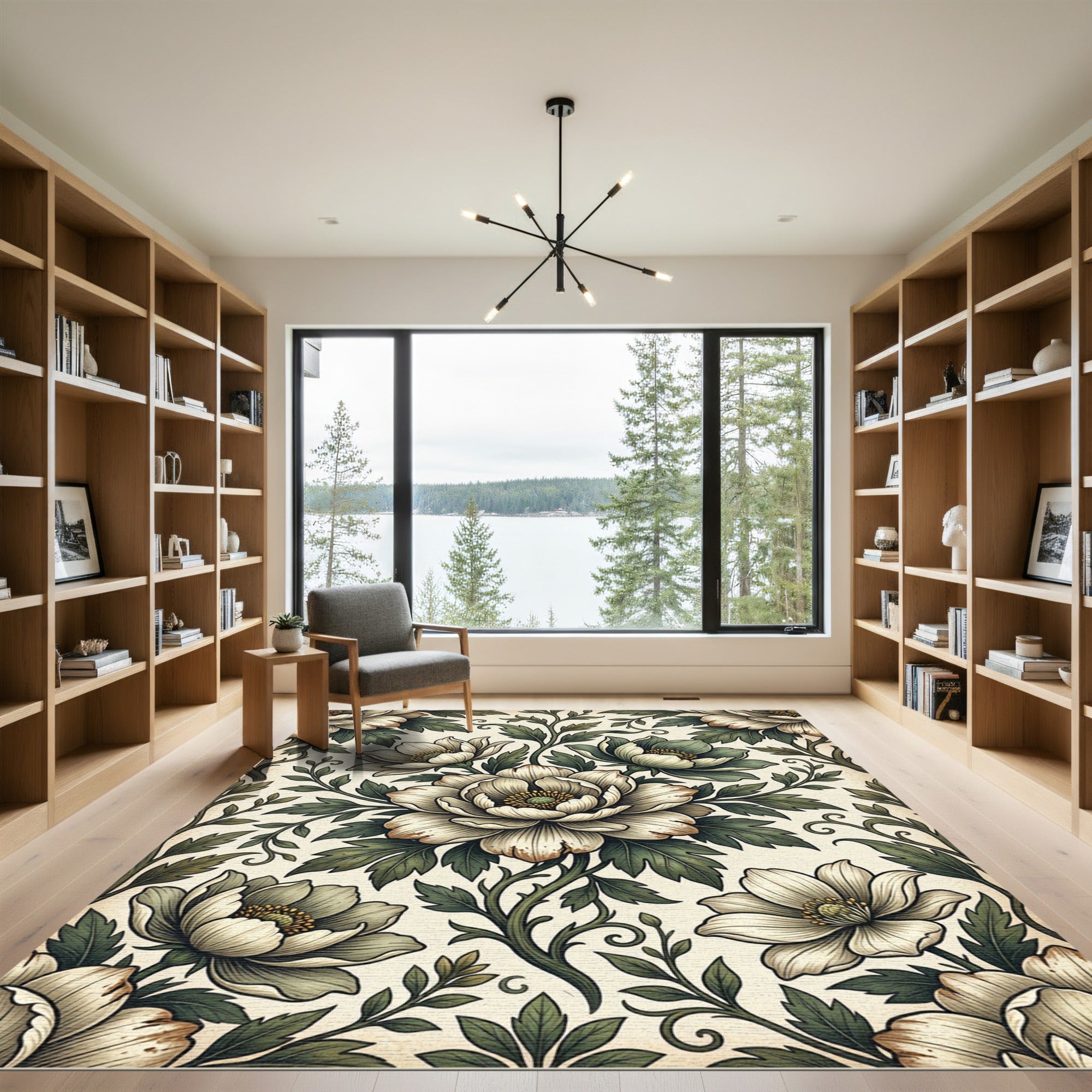 Vintage Sage and Cream Peony Illustration Rug