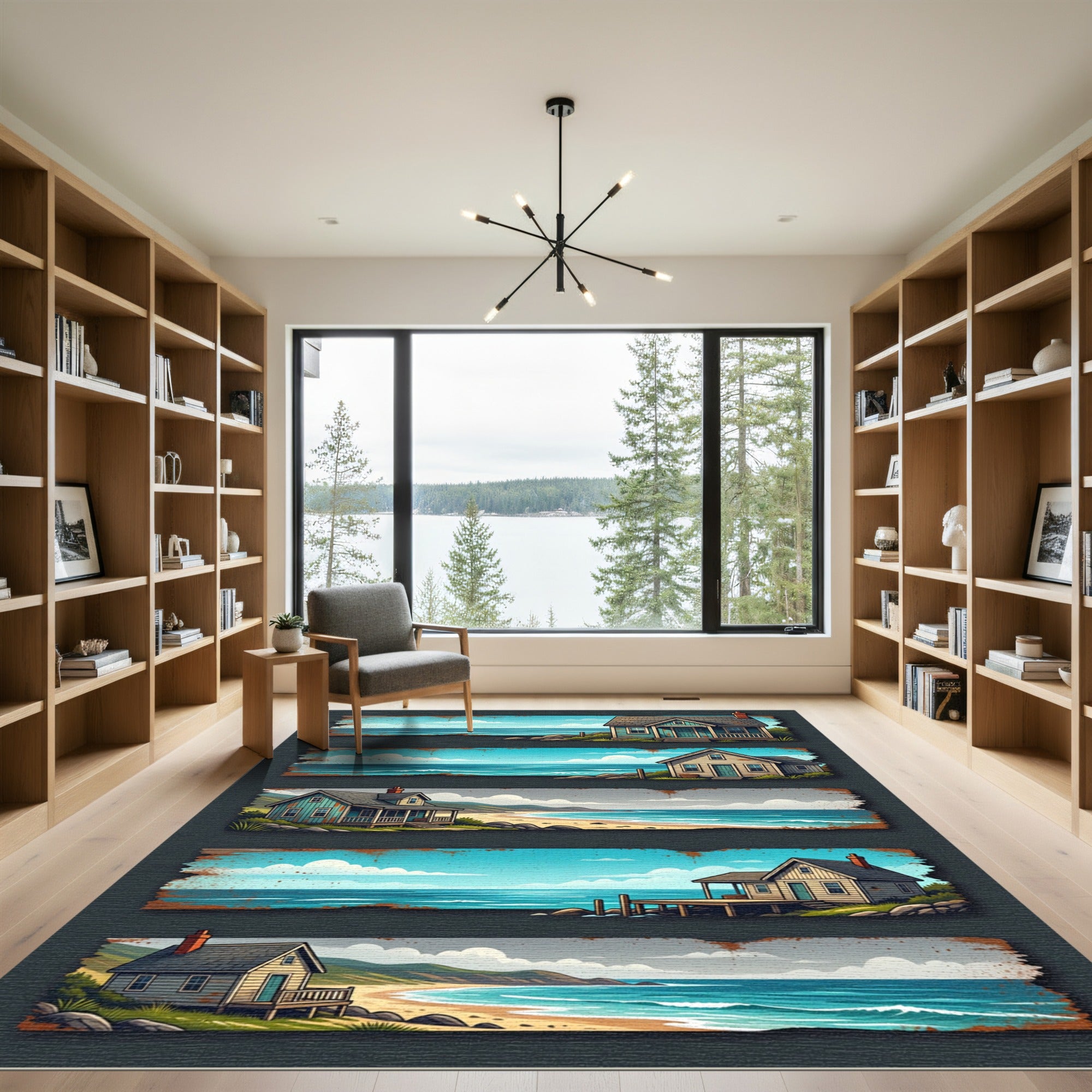 Coastal Cottage Beach Scene Rug