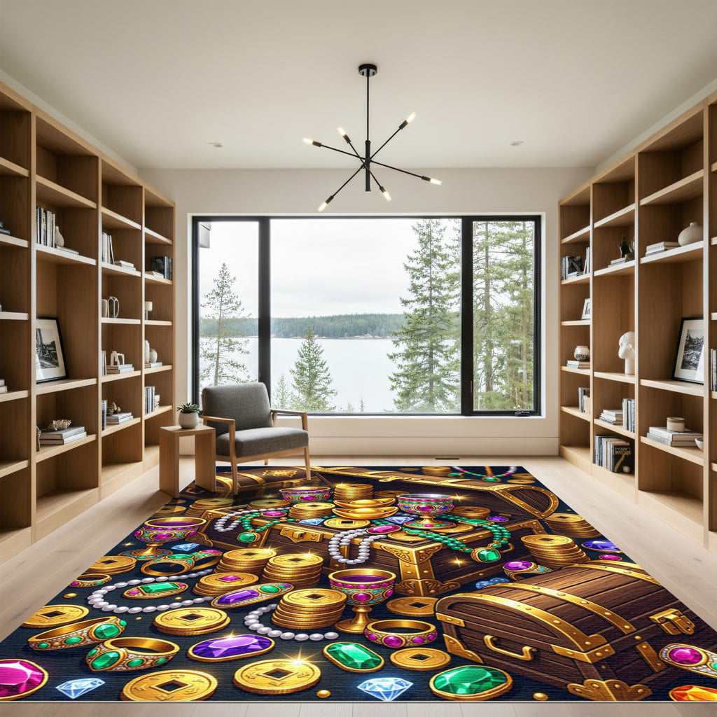 Golden Treasure Chest Opulent Jewel Accents Rug