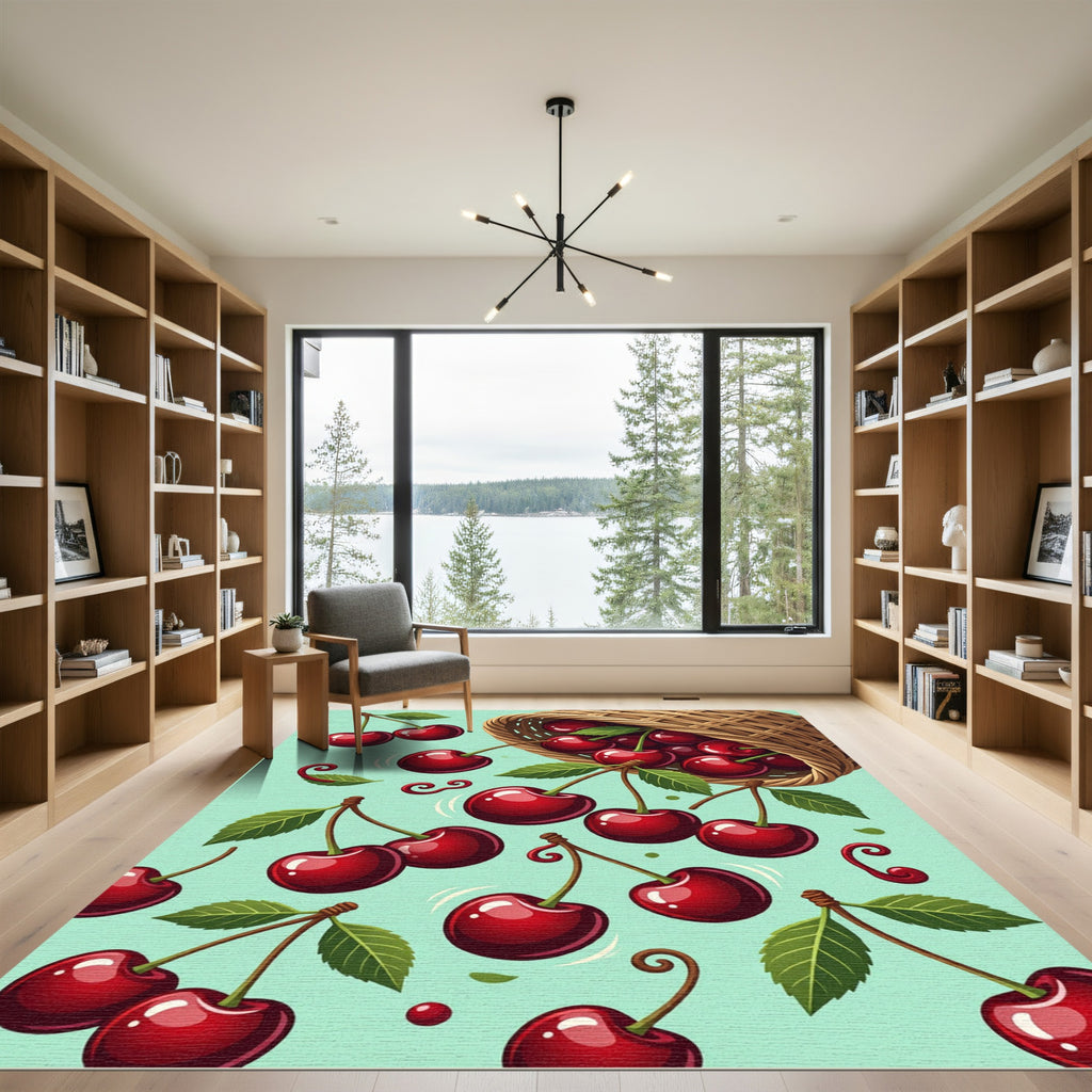 Vibrant Falling Cherry Fruit Illustration Rug