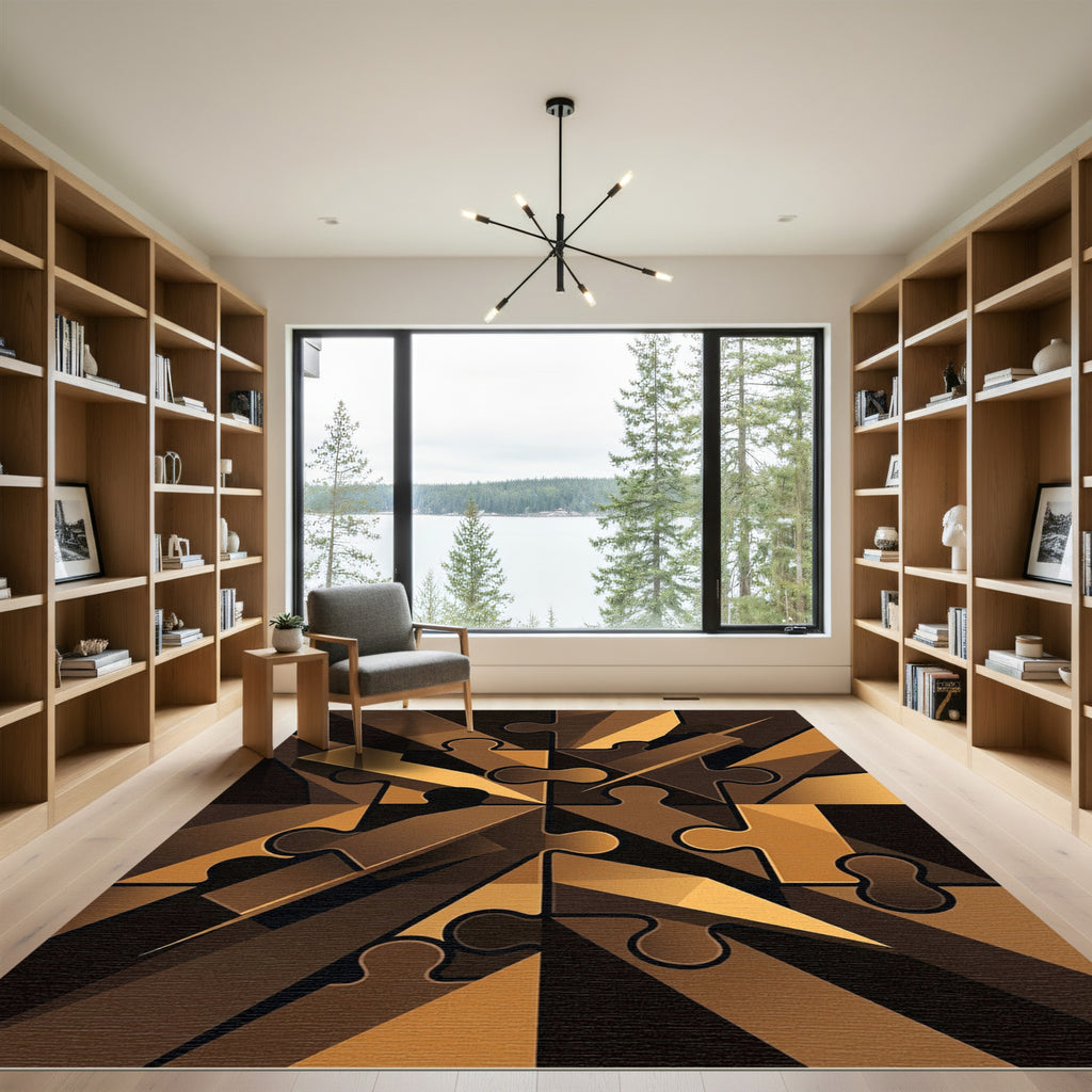 Golden Brown Puzzle Piece Composition Rug