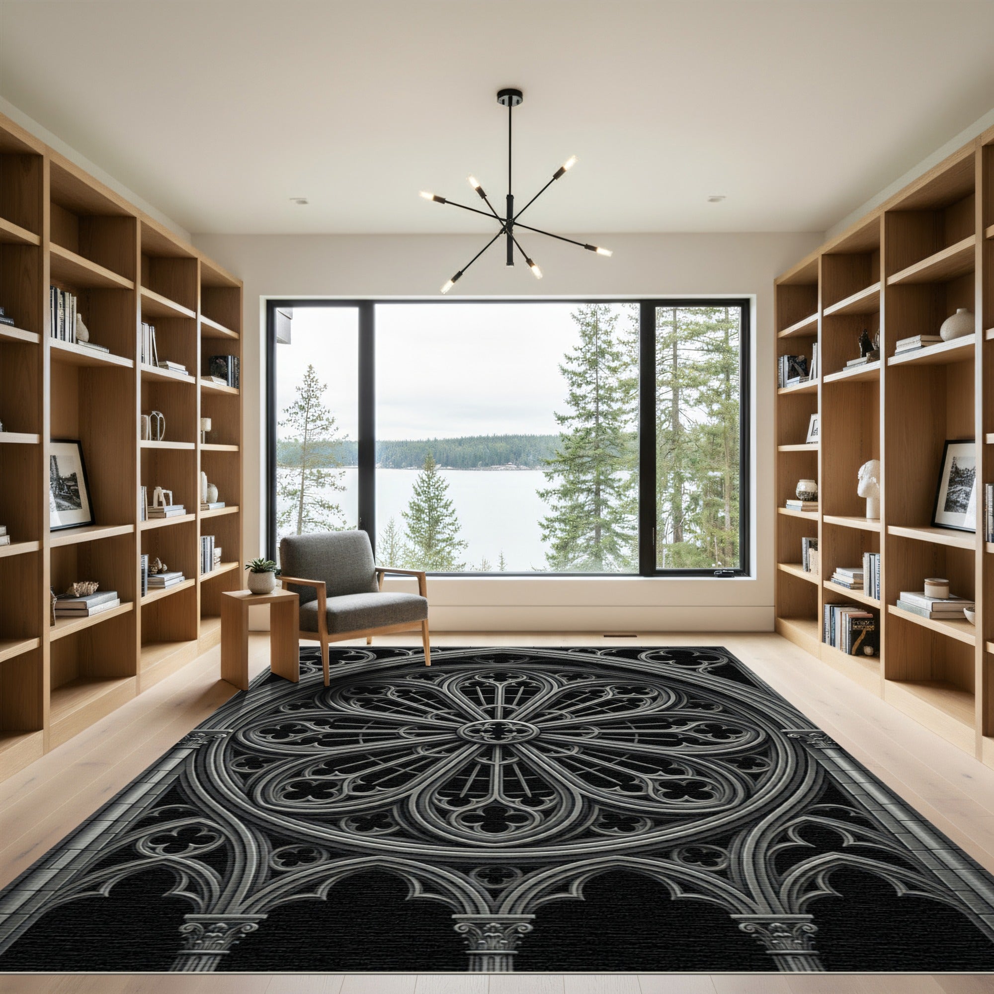Gothic Monochrome Architectural Rose Circular Rug