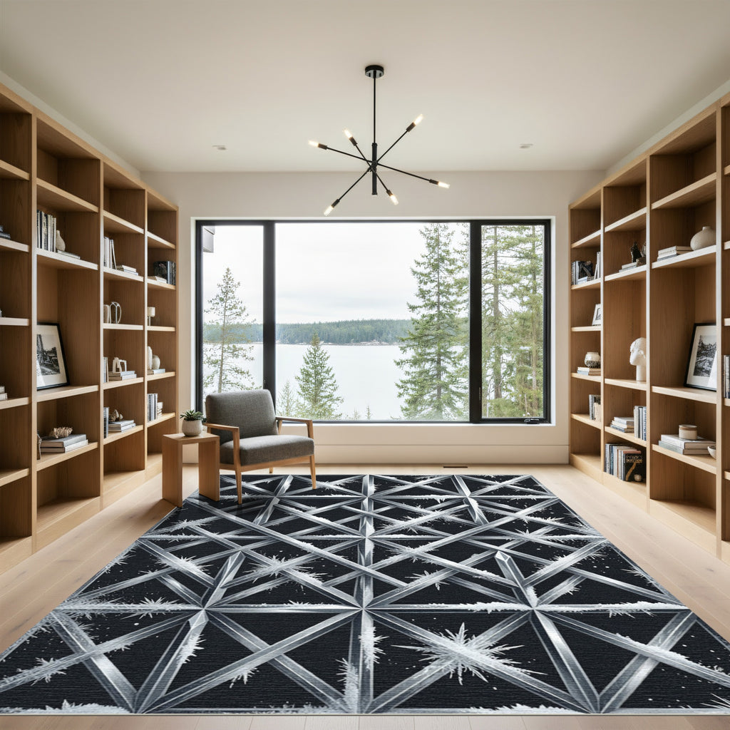 Frosted Geometric Metallic Silver Lattice Rug