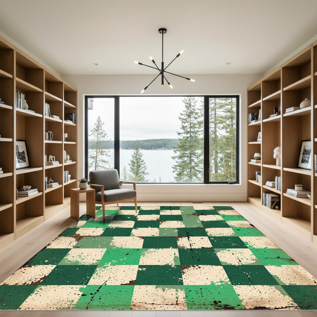 Vibrant Green Splatter Checkered Rug