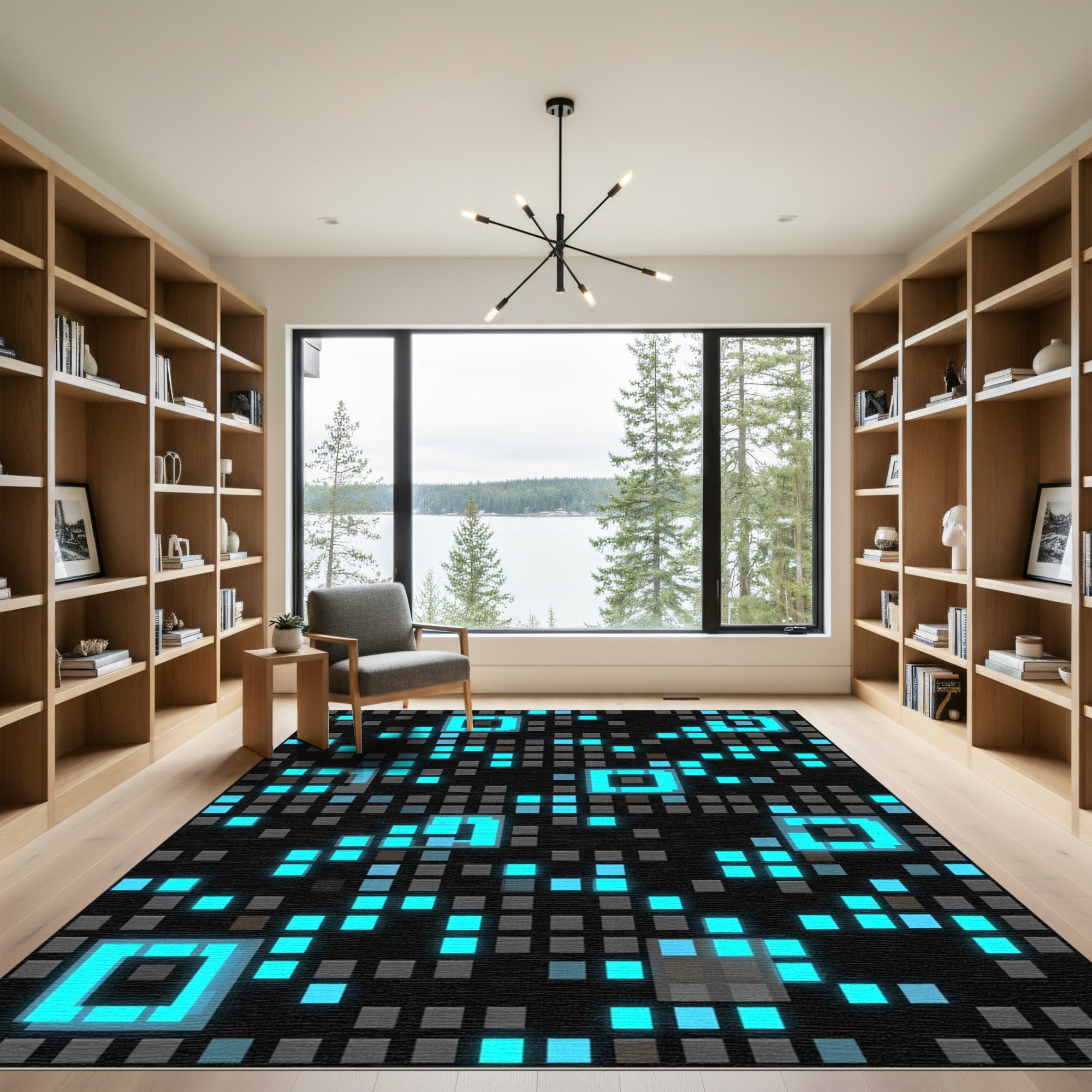 Glowing Neon Pixel Grid Abstract Rug