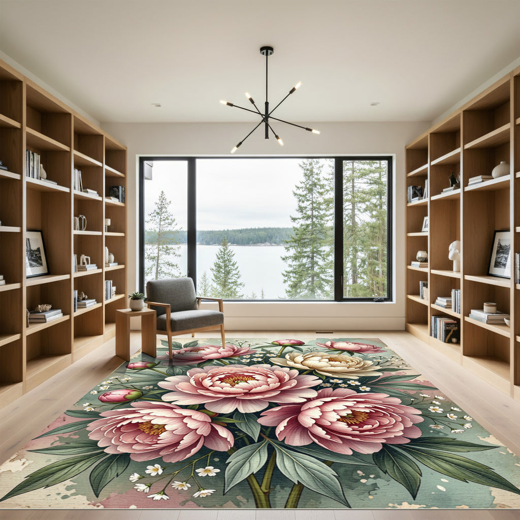 Romantic Peony Garden Floral Watercolor Rug