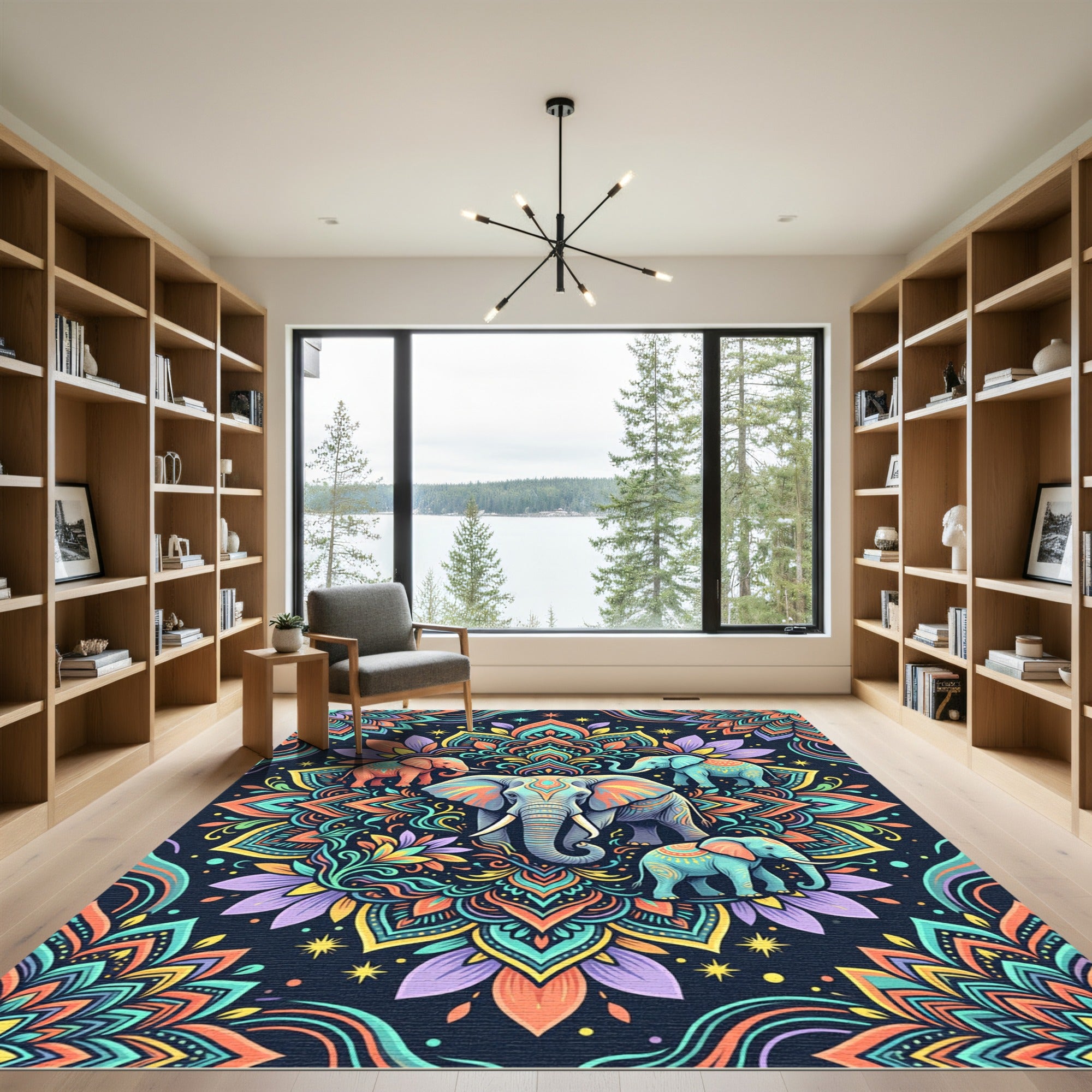 Vibrant Colorful Elephant Floral Mandala Rug