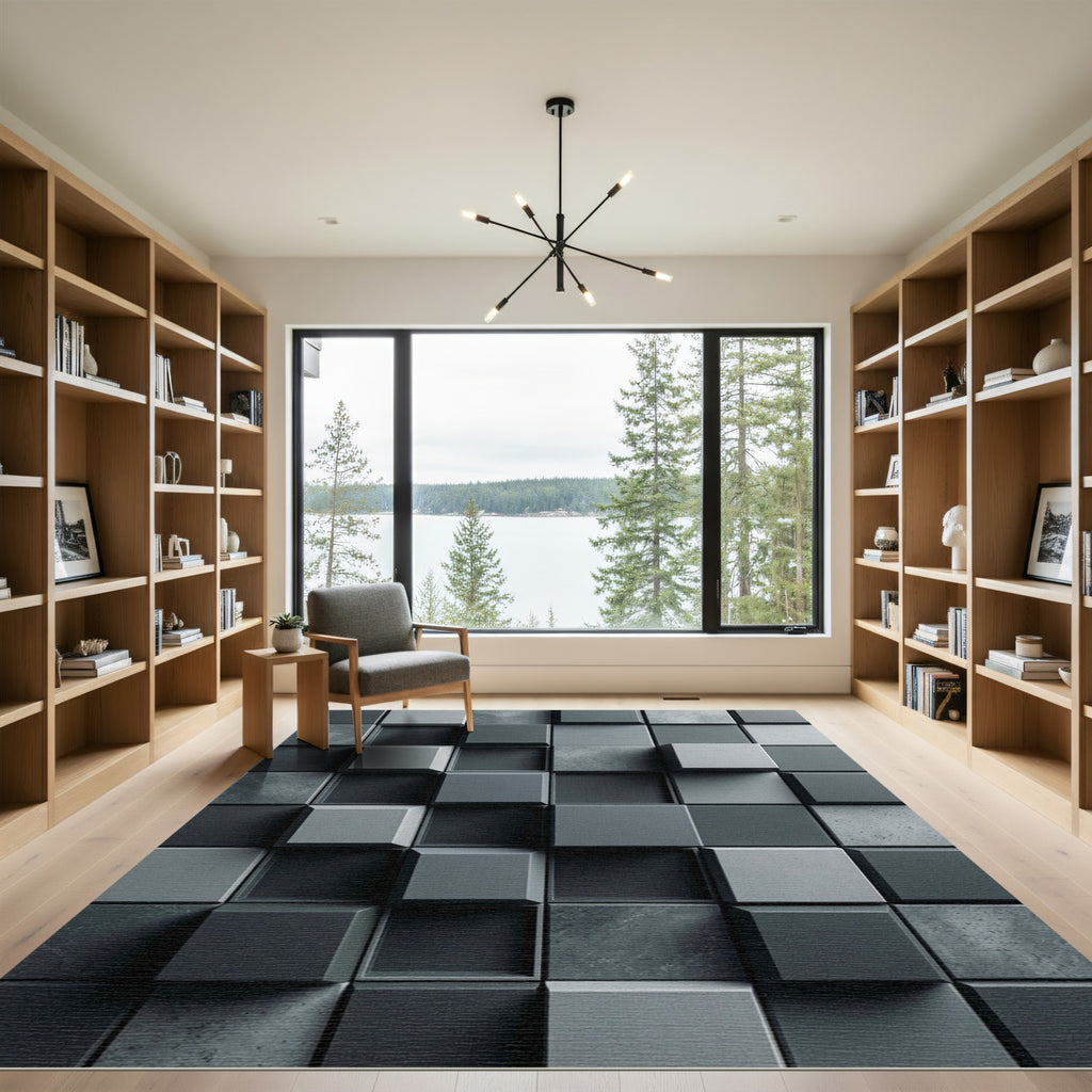 Modern Charcoal Three Dimensional Geometric Block Rug