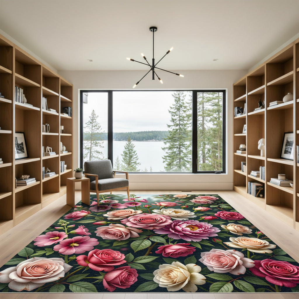 Pink Rose and Hollyhock Garden Rug