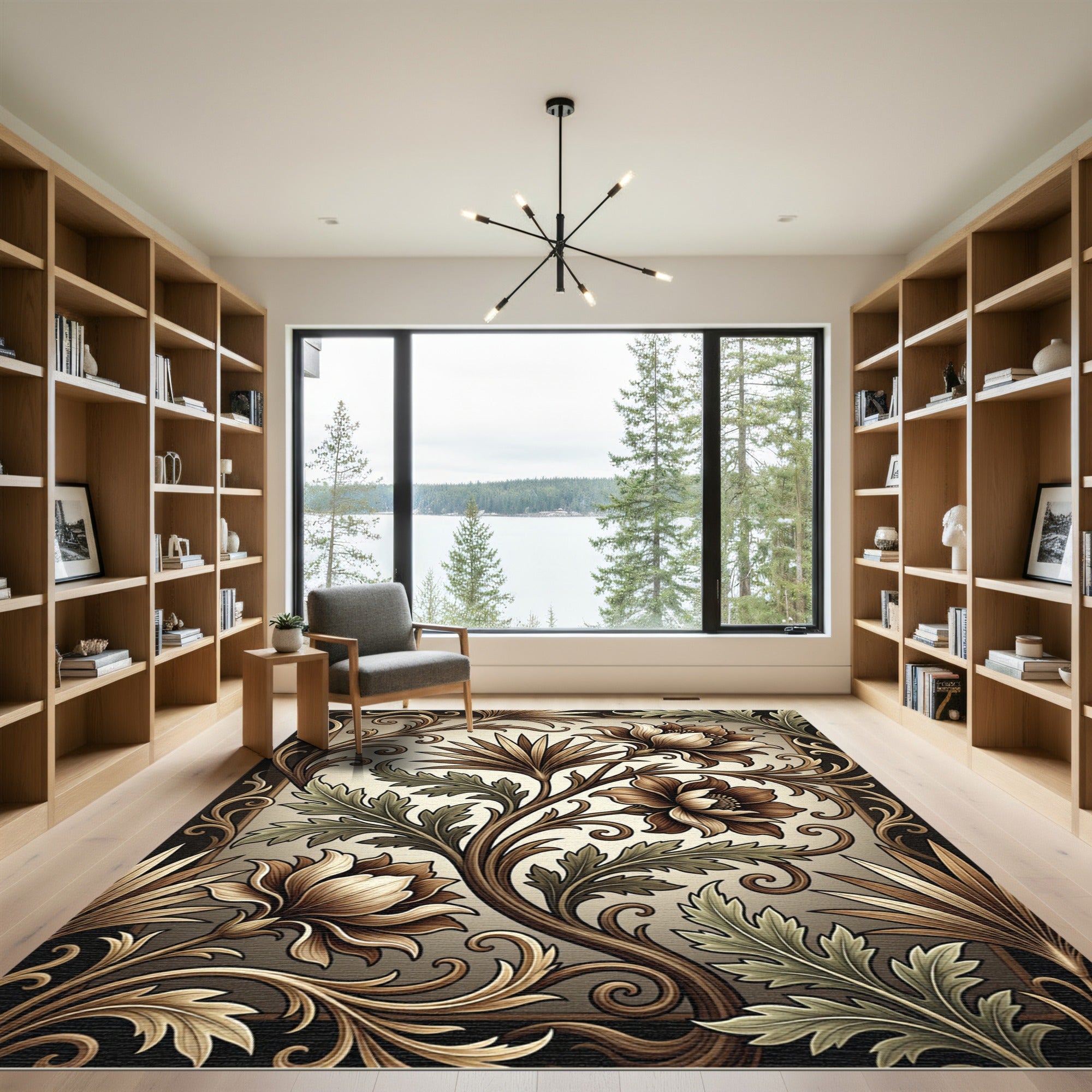 Antique Sepia Floral Scroll Vine Rug