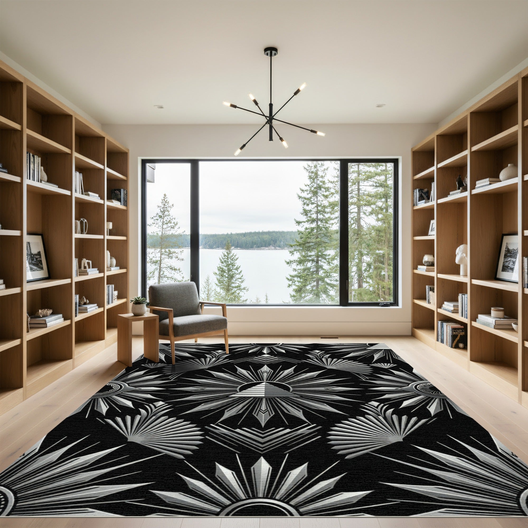 Art Deco Sunburst Pyramid Silver Rug