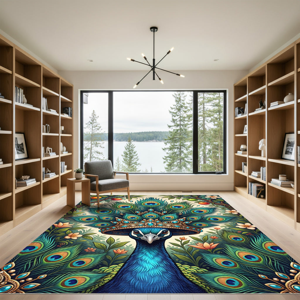 Regal Peacock Jewel Foliage Illustration Rug
