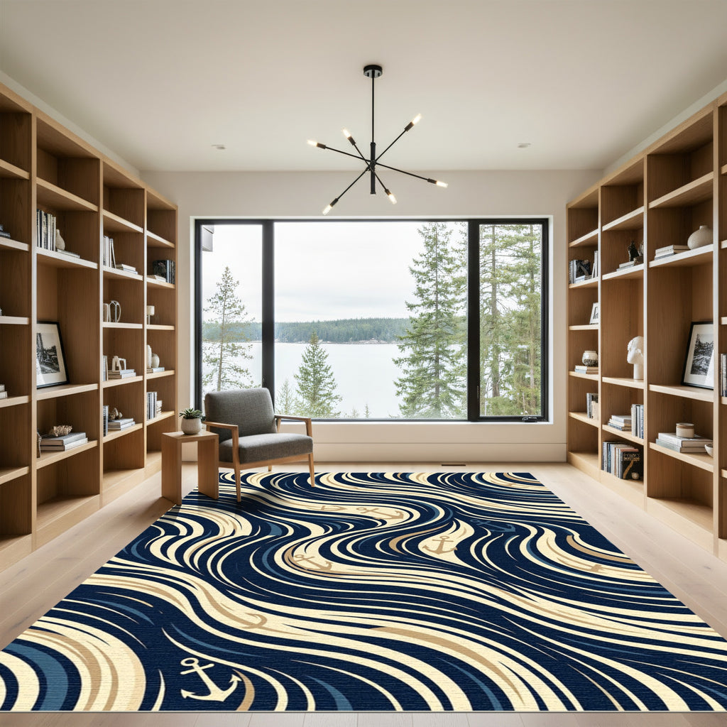 Navy and Gold Fluid Nautical Anchor Rug