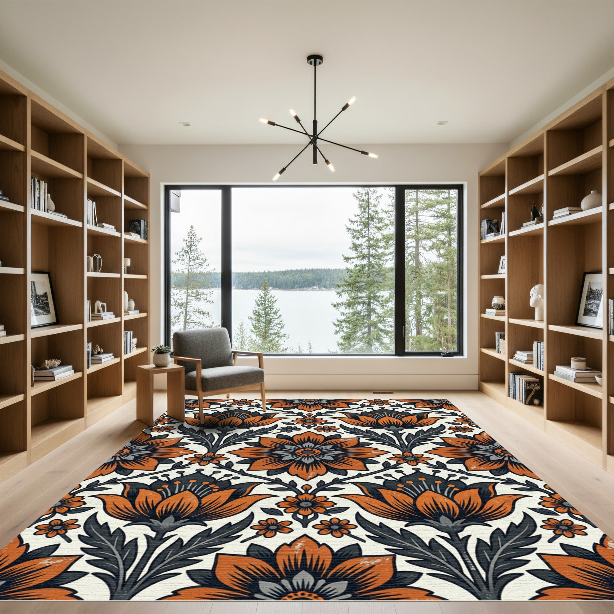 Mid-Century Burnt Orange Floral Damask Rug