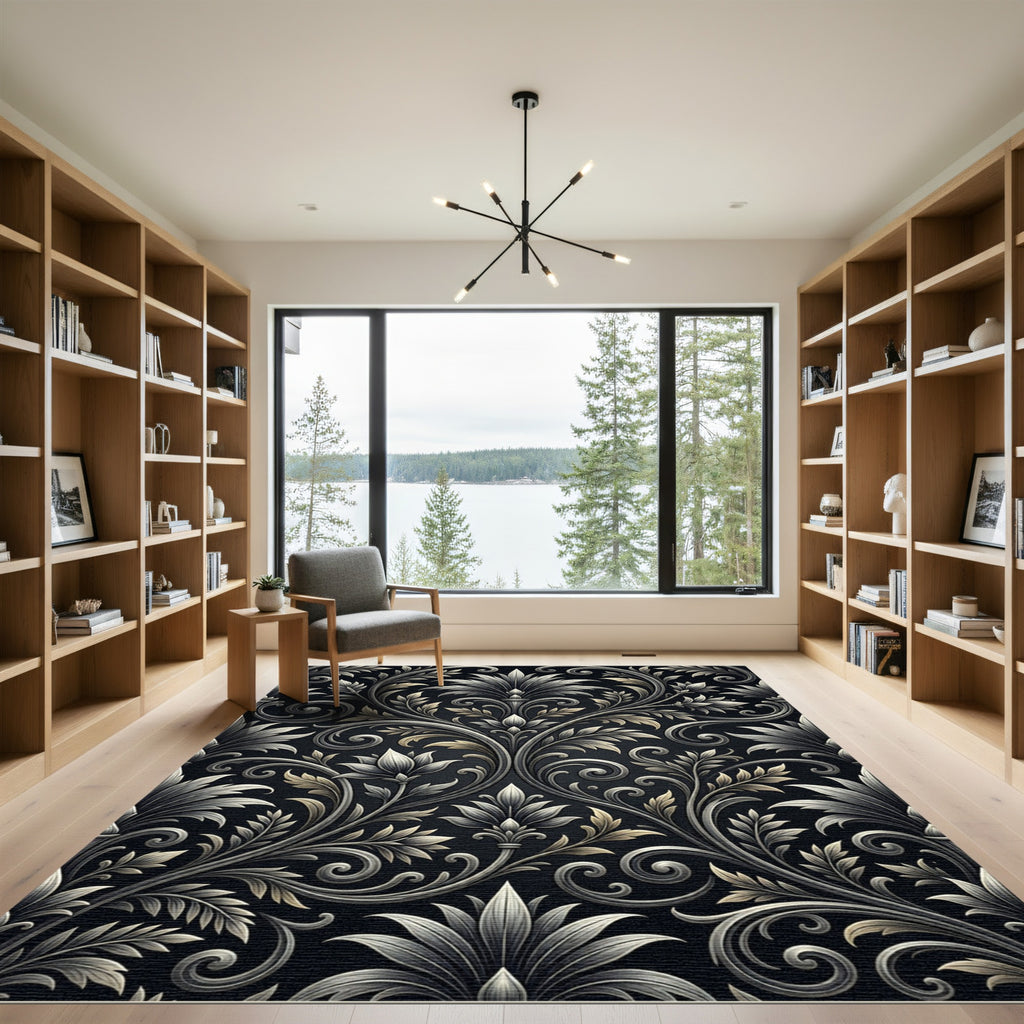 Ornate Black and Gold Acanthus Scroll Rug