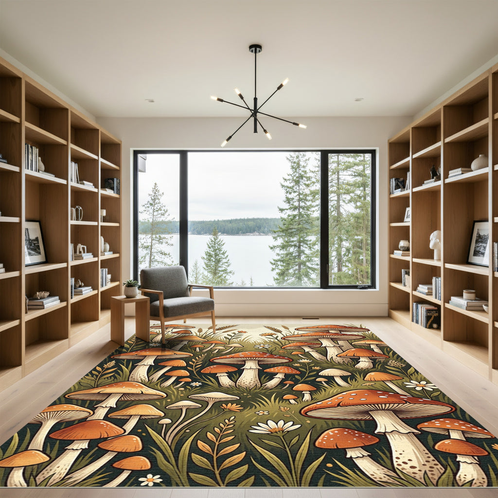Whimsical Earthy Orange Mushroom Meadow Field Rug