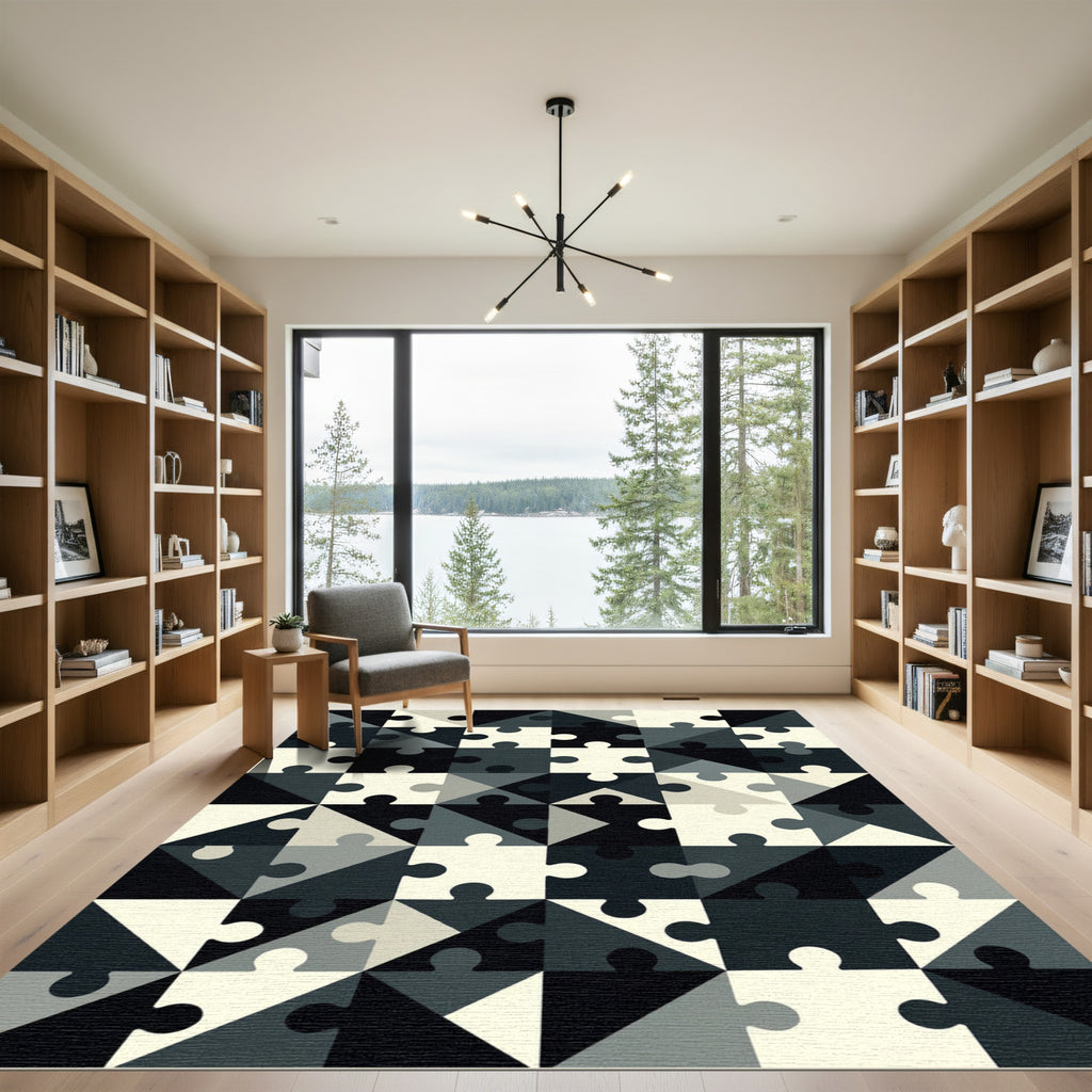 Monochromatic Geometric Jigsaw Puzzle Area Art Rug