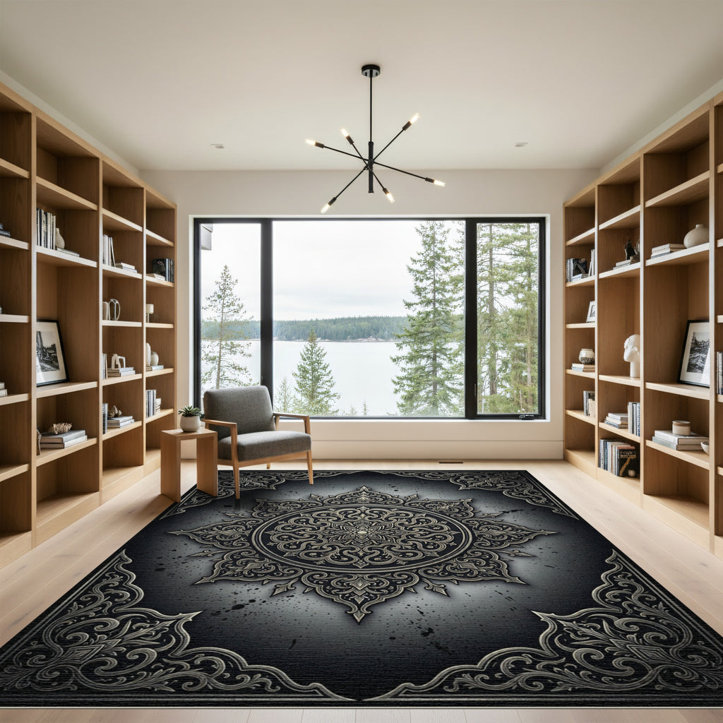 Ornate Metallic Charcoal Circular Arabesque Rug