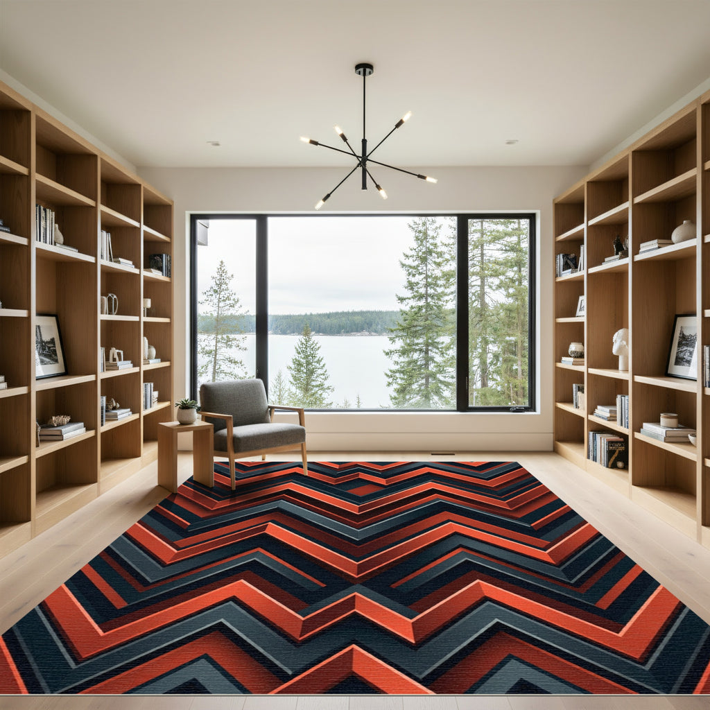 Bold Geometric Crimson and Charcoal Zigzag Rug