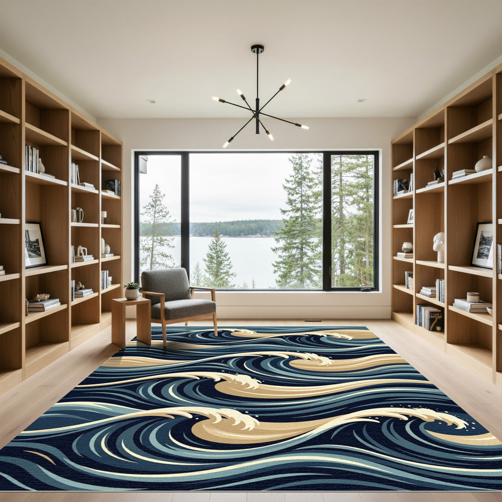 Deep Blue Tan Swirling Ocean Waves Rug
