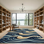 Deep Blue Tan Swirling Ocean Waves Rug