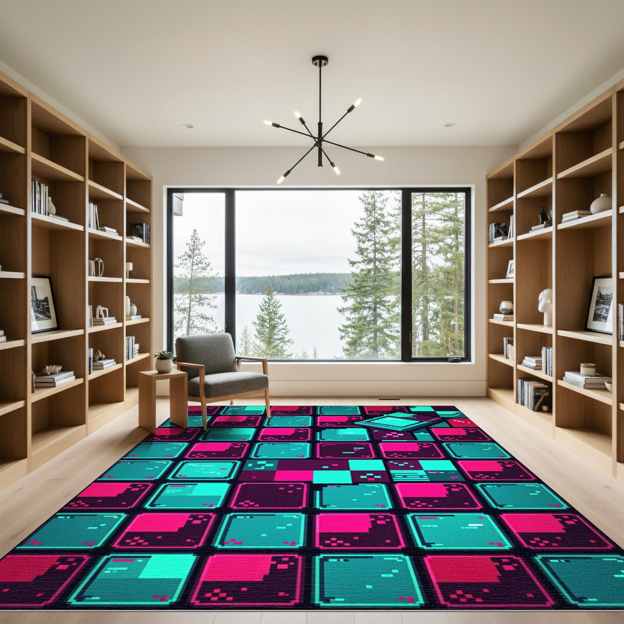 Neon Pixel Art Cyberpunk Grid Rug