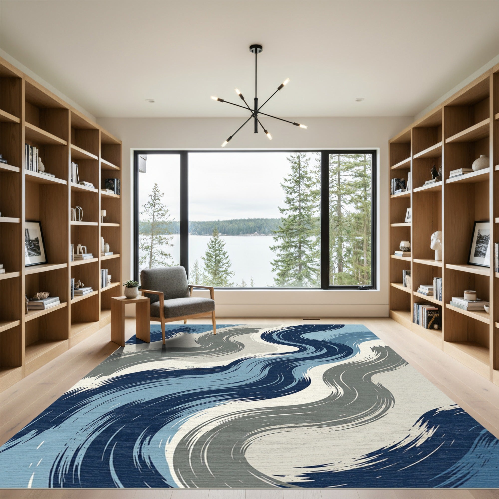 Abstract Blue Grayscale Swirl Brushstrokes Rug