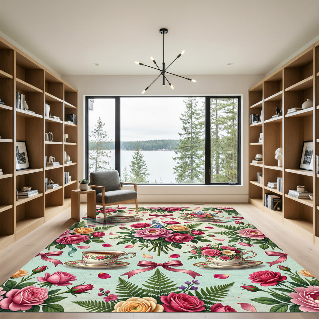Romantic Rose Bouquet and Teacup Garden Rug