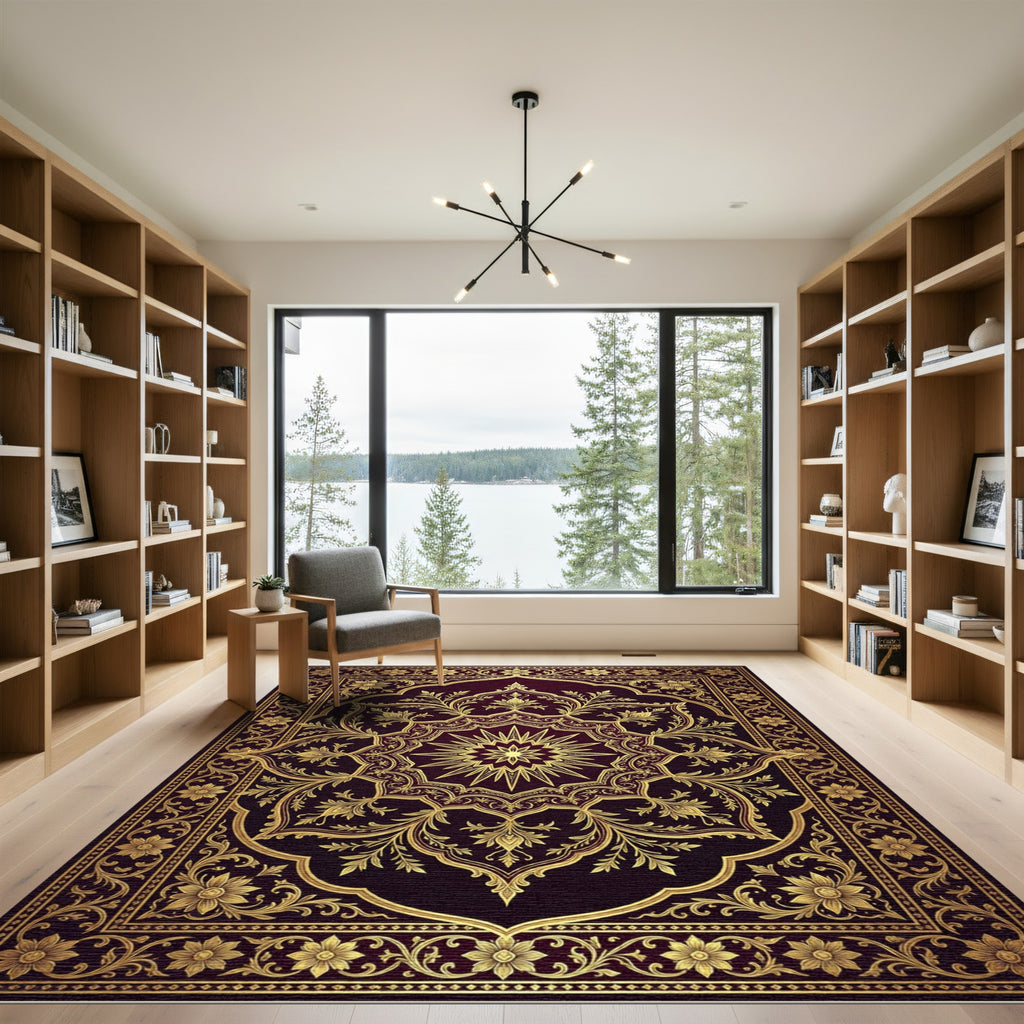 Ornate Crimson And Gold Mandala Rug