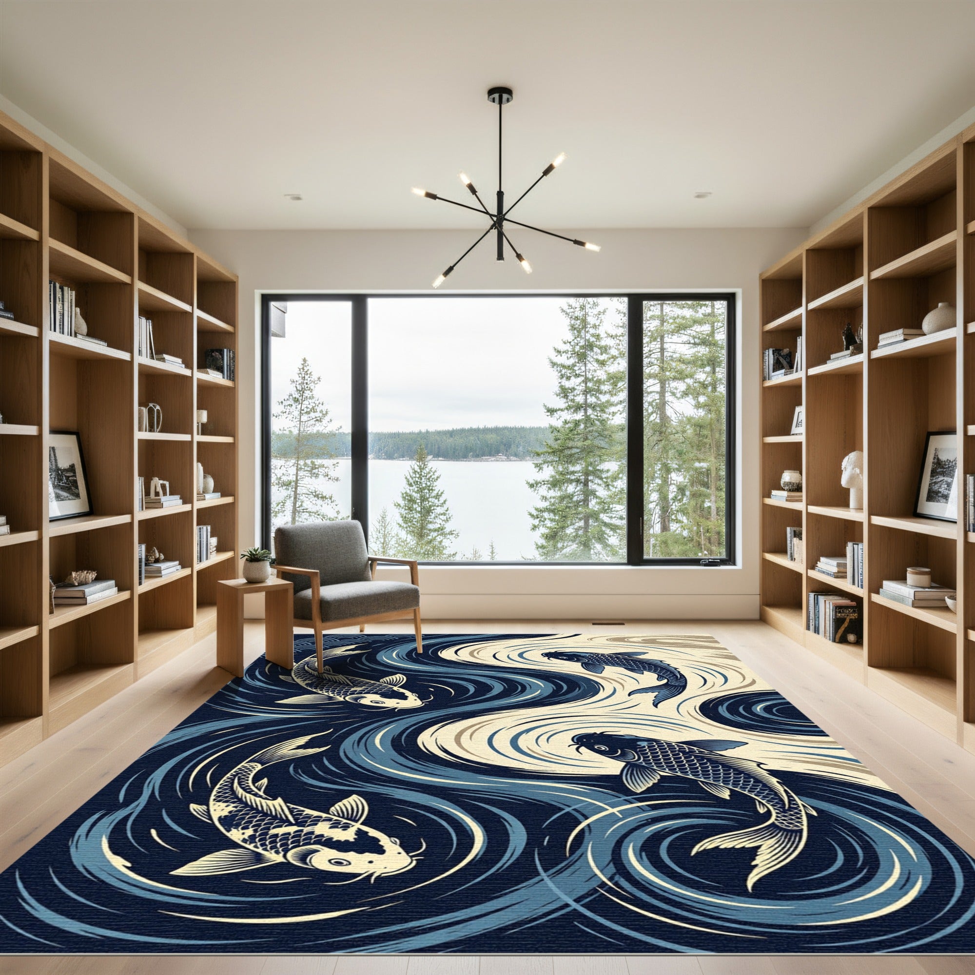Dark Blue Koi Fish Swirl Rug