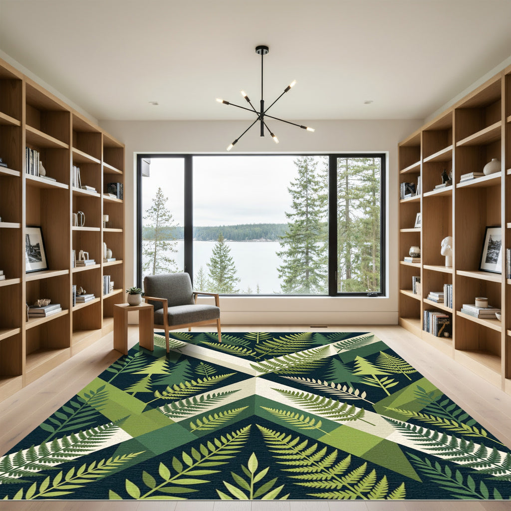 Green Fern Forest Geometric Abstraction Rug